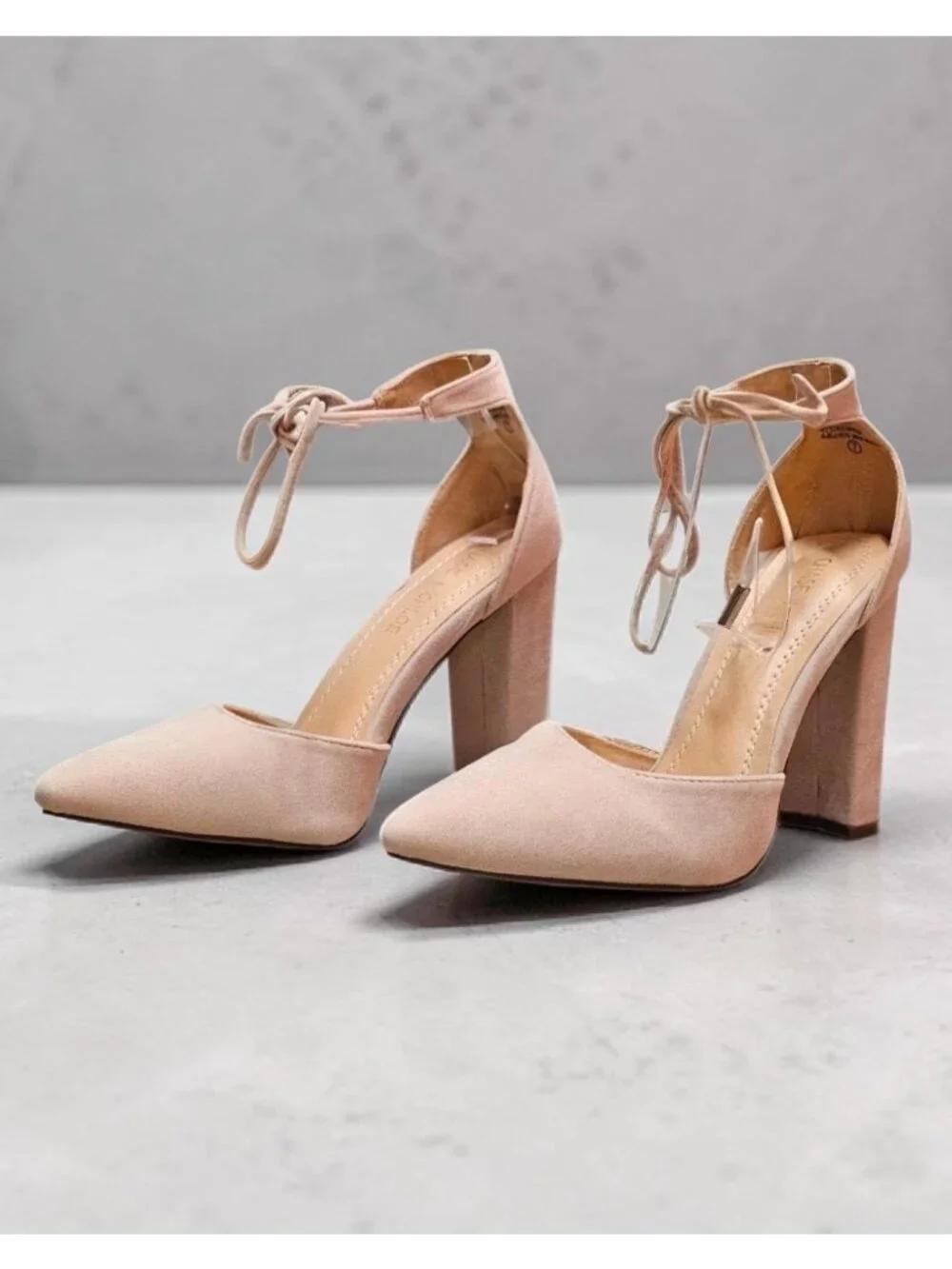 Ankle Strap Block Heel Suede Pumps In Nude Beige For Women